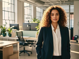 A confident woman in a formal suit stands in a modern office environment.