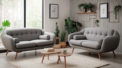 Scandi Style Living Room with Gray Couches and Wooden legs. Comfortable Minimalist Interior Design.
