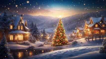 Obraz premium Cozy festive Christmas scene with decorated Christmas tree and blurry festive town village houses in the background. New Year celebration winter season illustration design. 