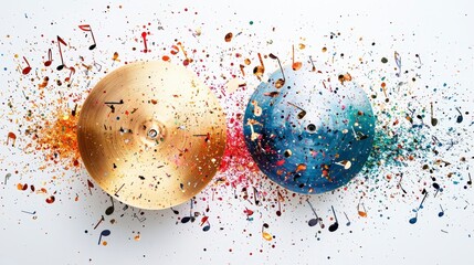 This image depicts a vibrant clash of cymbals with colorful musical notes, representing energy and sound, in an evocative and modern abstract art style.