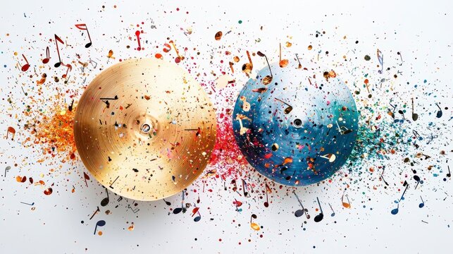This image depicts a vibrant clash of cymbals with colorful musical notes, representing energy and sound, in an evocative and modern abstract art style.