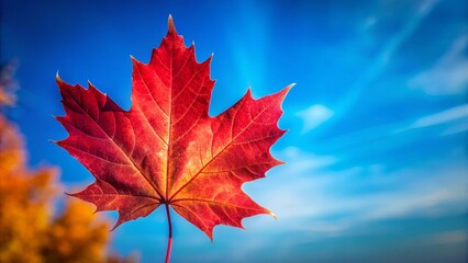 Obraz premium Bright Red Leaf Against a Clear Blue Sky - Nature's Vibrancy Captured in Autumn's Beauty, Perfect for Seasonal Decor and Environmental Themes