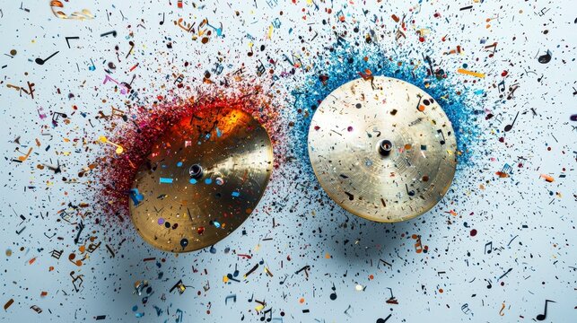 Two cymbals collide, sending out waves of colorful particles and musical notes, representing the powerful and expressive impact of sound and music through art.