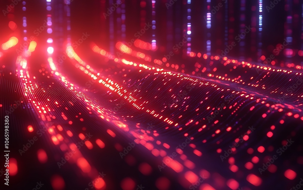 Poster digital abstract technology background featuring glowing red binary code particles