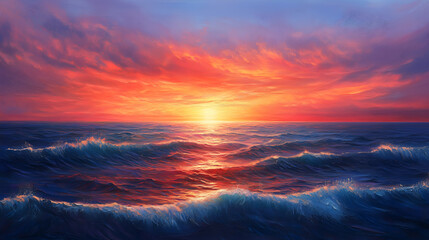 Fototapeta premium Majestic ocean waves under a vibrant sunset sky creating a breathtaking natural seascape with colorful clouds