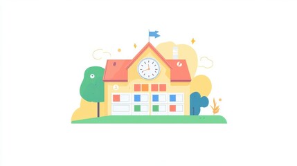 A colorful school building with a clock and playful design, surrounded by trees and nature elements, ideal for educational themes.