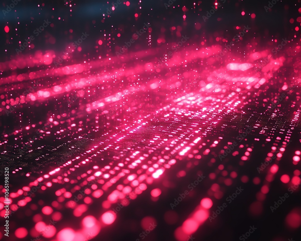 Poster digital abstract technology background featuring glowing red binary code particles