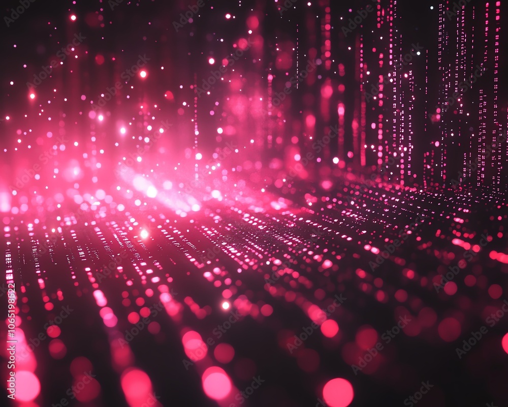 Poster digital abstract technology background featuring glowing red binary code particles