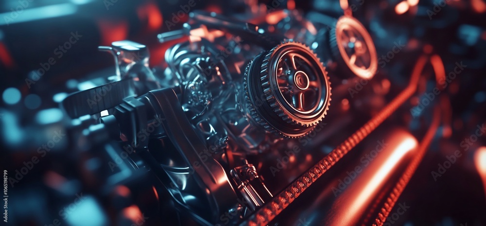 Poster close-up of a powerful car engine with intricate details and a glowing red and blue light.