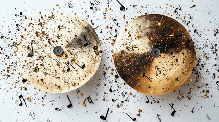 Obraz premium Two black cymbals in motion create a dramatic scene with scattered gold particles and musical notes, conveying a sense of movement and dynamic sound energy.