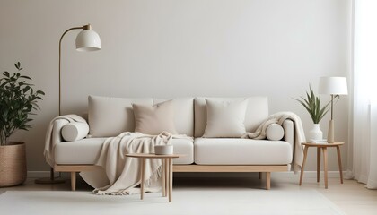 Fototapeta premium A minimalist living room with a beige sofa, white throw blankets, and a simple lamp on a wooden side table.