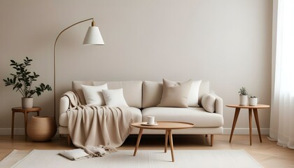 Fototapeta premium A minimalist living room with a beige sofa, white throw blankets, and a simple lamp on a wooden side table.