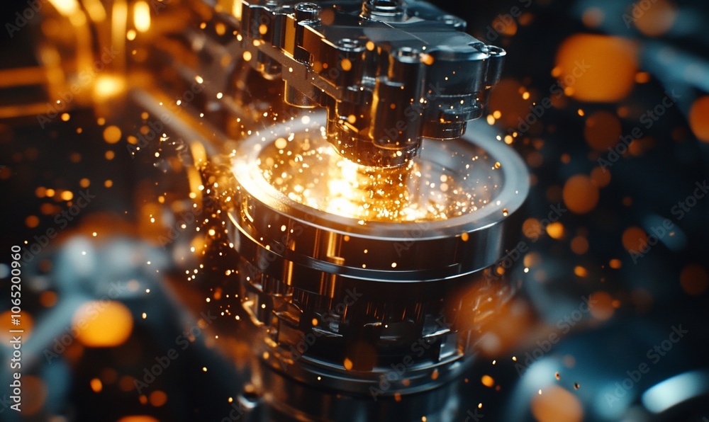 Poster close-up of a robotic arm with sparks flying as it works on a metal piece.