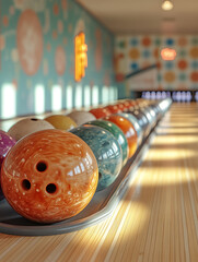 A retro-style bowling alley with classic wooden lanes and colorful, vintage bowling balls arranged...