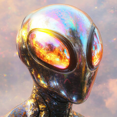a cosmic entity with ethereal, glowing eyes and an iridescent, celestial body