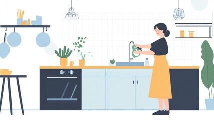 A professional cleaner in action, using eco-friendly products to clean a bright, modern kitchen, showcasing a commitment to sustainability on a white background.