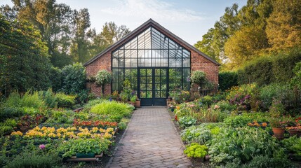 Fototapeta premium Greenhouse garden, presenting natural light, color gradient, and desaturation. The image displays soft tones, creating a peaceful and nostalgic atmosphere, suitable for minimalist concepts.