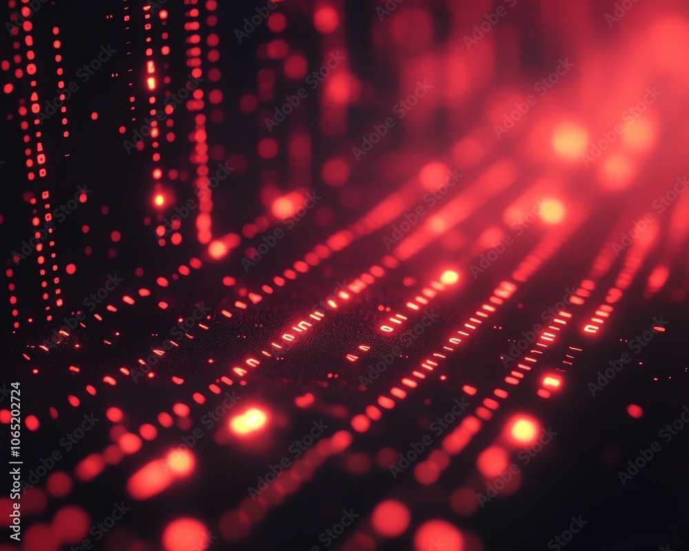Poster illuminated abstract technology backdrop with glowing red binary data and bokeh lights, emphasizing 
