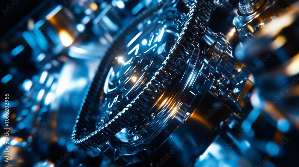 Poster close-up of a shiny metallic gear mechanism with intricate details.