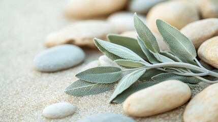 Fototapeta premium A calming close-up of a sage twig resting on soft sand, surrounded by smooth pebble rocks, capturing a serene botanical vibe