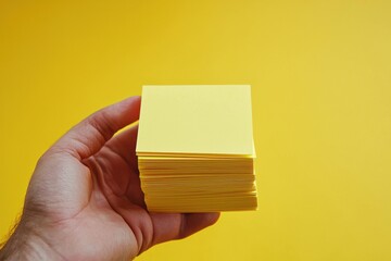 A hand holding a stack of yellow sticky notes against a bright yellow background, ideal for organization and creativity.