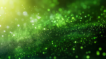 A vibrant green and black background with a subtle glow and particles