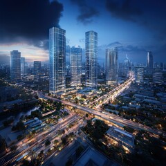 Naklejka premium Explore the Vibrant Urban Landscape of Modern Skyscrapers at Dusk