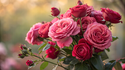Naklejka premium Vibrant bouquet of pink and red roses in garden, joyful floral arrangement, soft sunlight 
