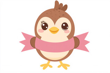 A cute cartoon bird with a pink ribbon around its body smiling on a white background showing an adorable expression and warm colors
