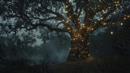 Fototapeta premium Magical trees light up the magical forest with a twilight glow, Fireflies Fantasy