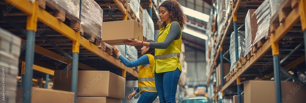 Poster in a brightly lit warehouse, workers in highvisibility vests manage inventory, boxes, and collaborat