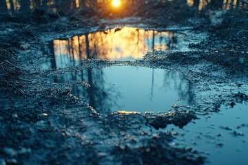 A Sunset Reflected in a Puddle on a Forest Floor