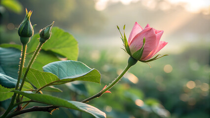Fototapeta premium Pink rose with buds in morning light, serene atmosphere, nature photography, green foliage 