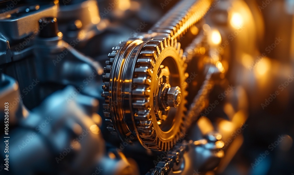 Poster Close-up of a shiny, metallic timing belt and gears inside an engine.