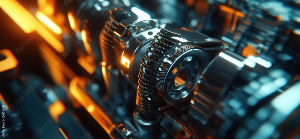 Poster close-up of a shiny, metallic engine with orange glow.