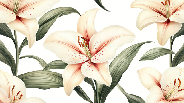 Delicate lily pattern with leaves, isolated, main keyword elegant floral