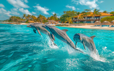 Fototapeta premium Dolphins gracefully leaping through the turquoise waters of a tropical paradise