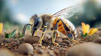 Explore the intricate details of a bee's legs gathering pollen in a vibrant natural setting