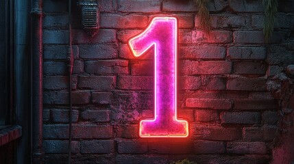 Pink neon number one on rustic brick wall