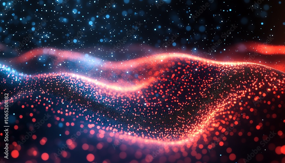Poster vivid abstract technology background with sparkling red code particles and bokeh lights, creating a 