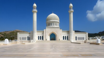Fototapeta premium Majestic Mosque with Golden Dome and Minarets Against Clear Blue Sky