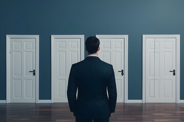Fototapeta premium Businessman Contemplating Choices in Front of Doors