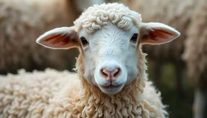 Fototapeta premium Close-up of a fluffy sheep with soft fleece and warm eyes capturing its pastoral charm