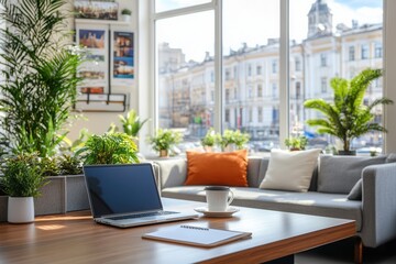 Fototapeta premium This elegant office features a spacious design with natural light flooding in from a large window.