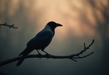 Fototapeta premium Silhouette of a crow perched on a branch against a blurred background