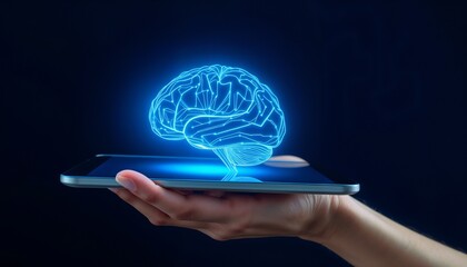 A glowing digital brain hologram hovers above a tablet held by a hand, symbolizing advanced technology, artificial intelligence, and innovation in a futuristic setting.

