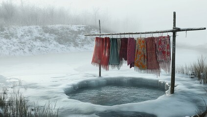 Washing in the ice hole during winter, with scarves hanging on thin metal bars to dry