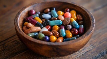 A beautiful assortment of multicolored capsules fills a smooth wooden bowl, creating a vibrant contrast against the dark backdrop while inviting curiosity about their purpose.
