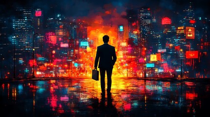 A vector art design of a businessman holding a briefcase while standing at a crossroads, with different signs pointing toward growth, innovation, and strategy in a vibrant cityscape Transparent 