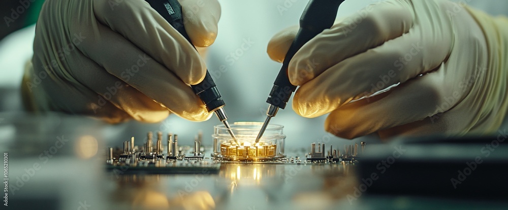 Poster close-up of hands in white gloves soldering a circuit board with a soldering iron.